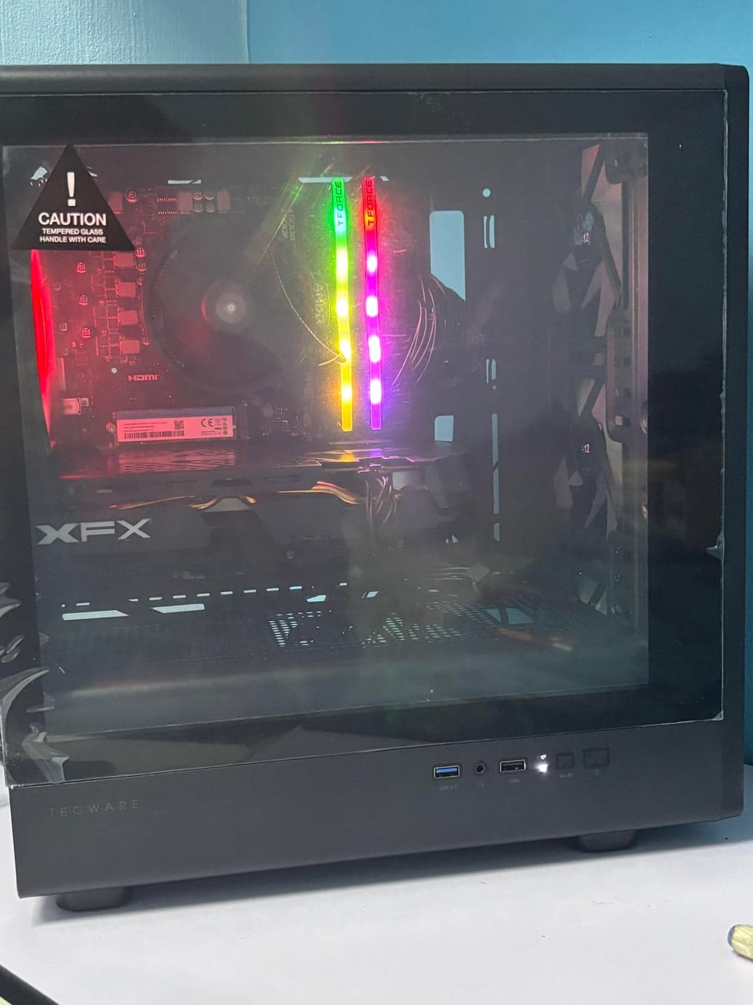 Completed black client PC running with illuminated memory
