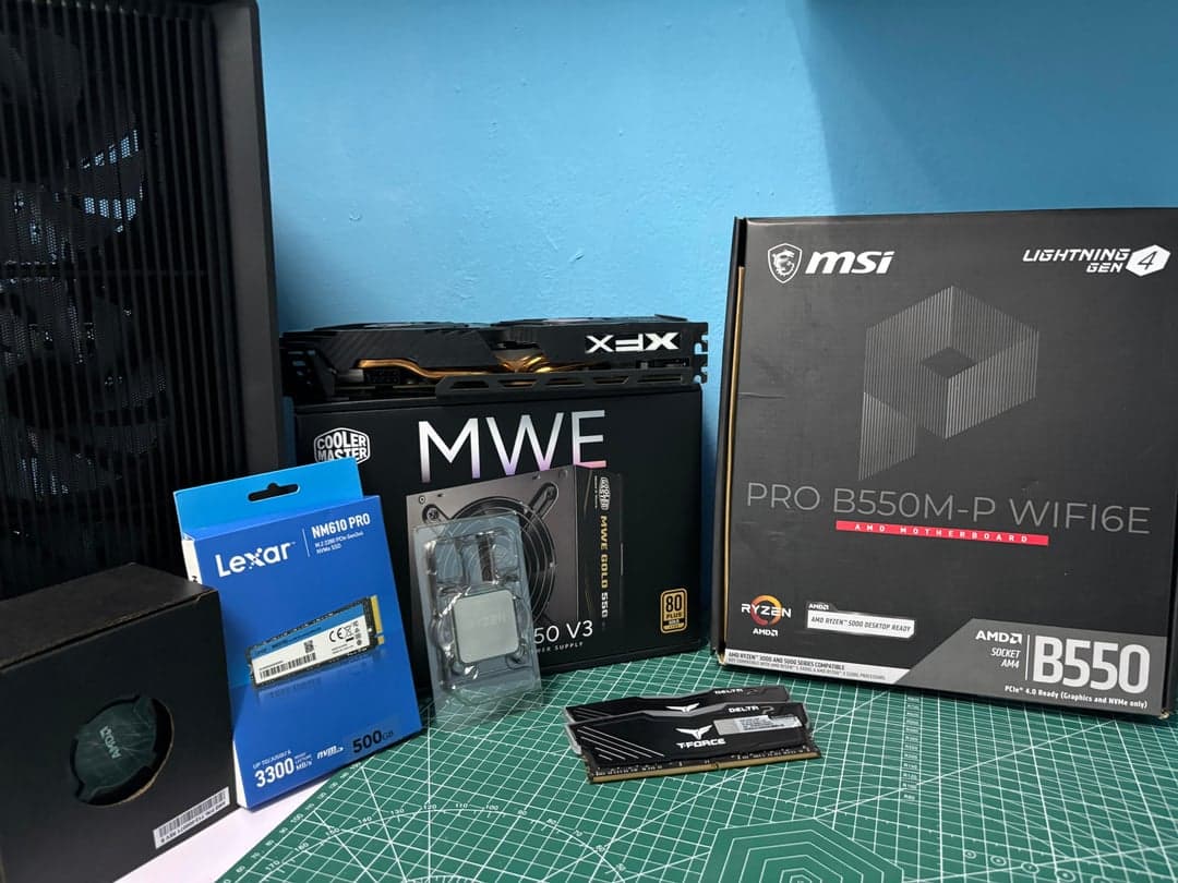 PC components laid out on a workbench before assembly